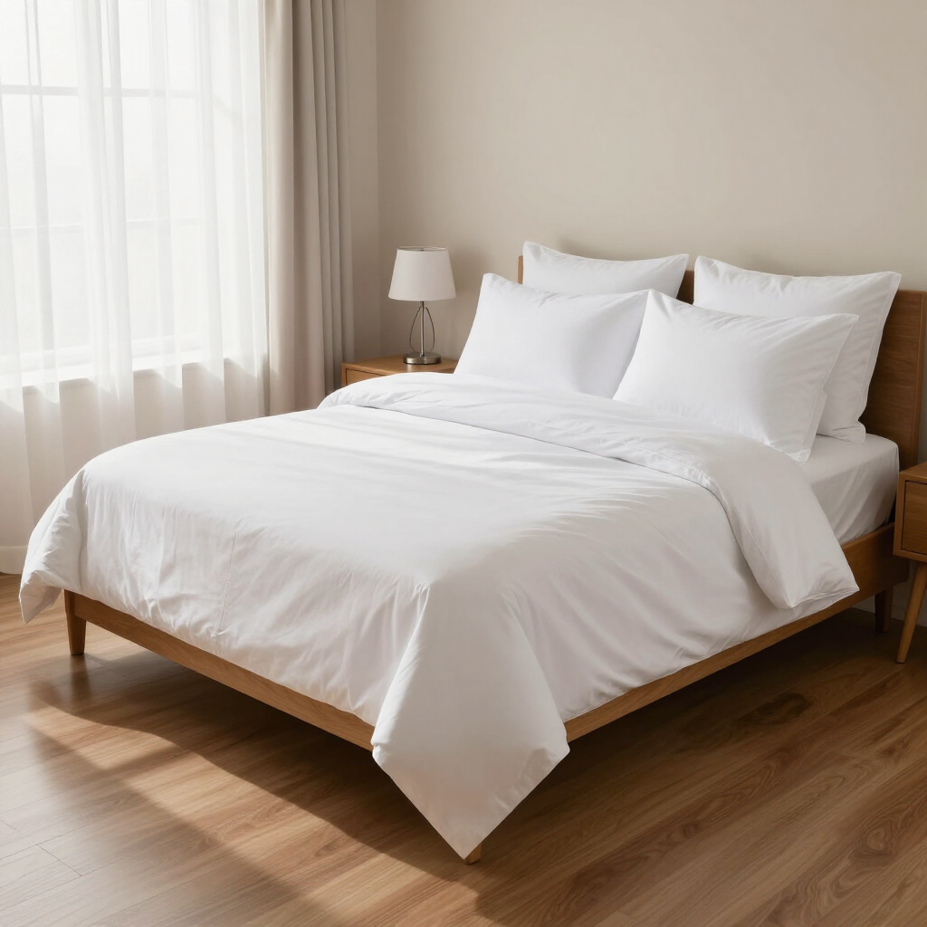 Bright modern bedroom with a neatly made white bed, wooden floor, and bedside lamp by a window