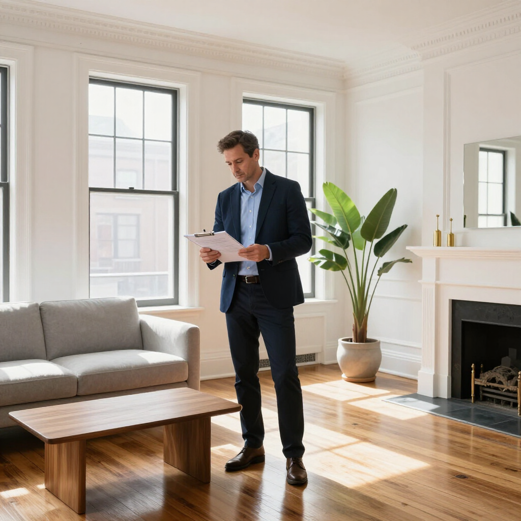 Man in a navy suit reading papers in a bright living room with a sofa, coffee table, and fireplace