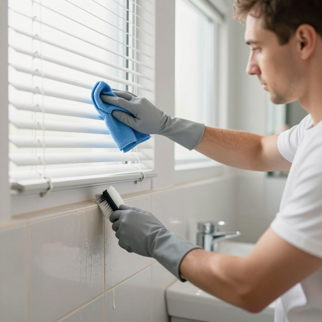Gloved person cleaning window blinds with a blue cloth and spray bottle in a bright bathroom