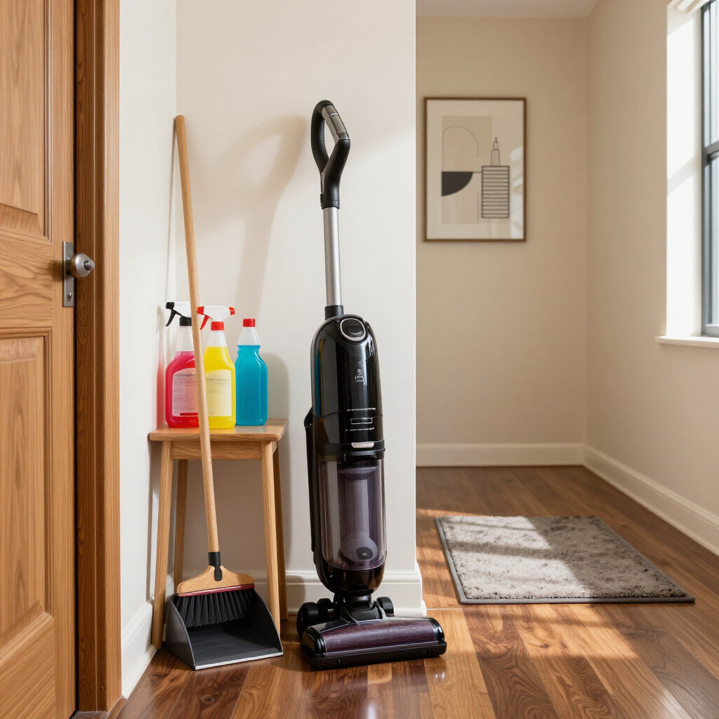 Vacuum cleaner and cleaning supplies in a bright hallway beside a rug and framed wall art