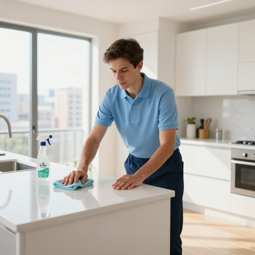 Man cleaning a kitchen island with a cloth beside a spray bottle in a bright modern kitchen