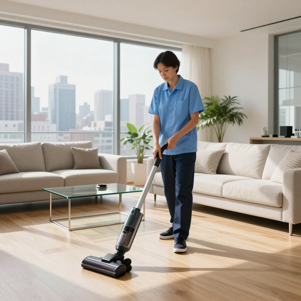 Person vacuuming a bright living room with large windows and beige sofas.
