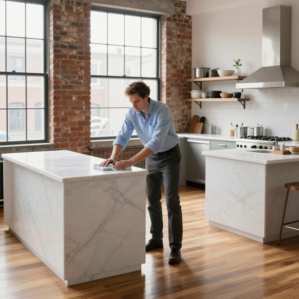 Person wiping a white kitchen island in a bright modern kitchen with brick walls and wooden floors