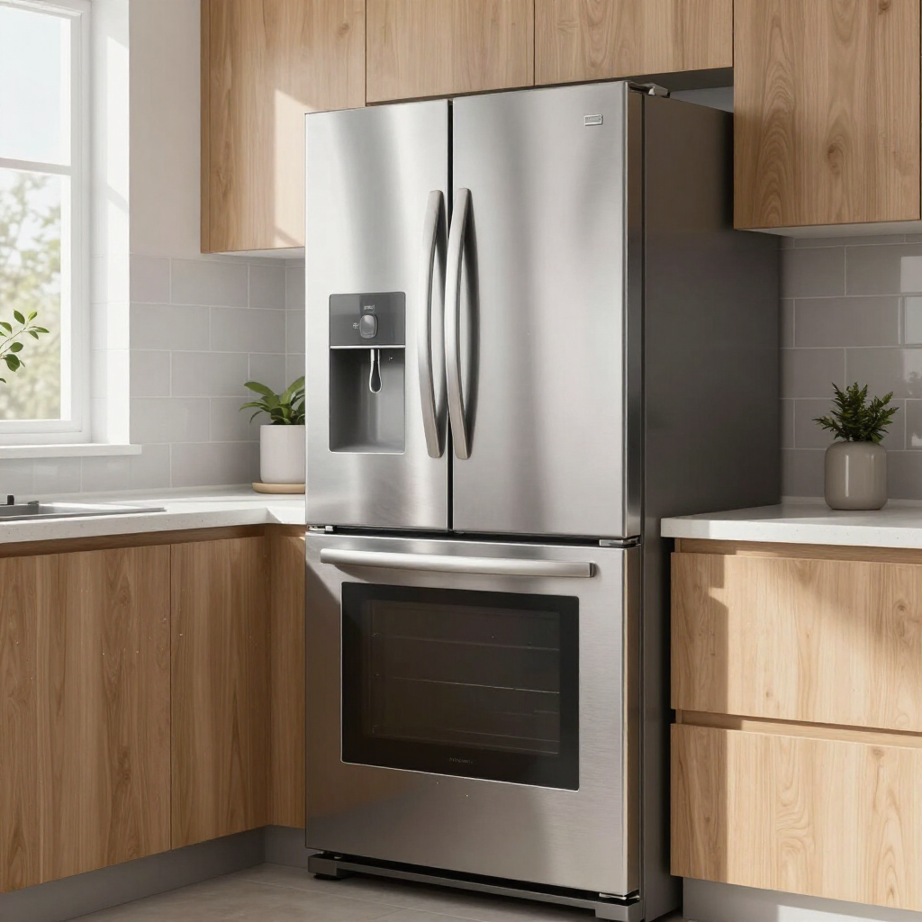 Stainless steel refrigerator with built-in oven in a bright wood kitchen