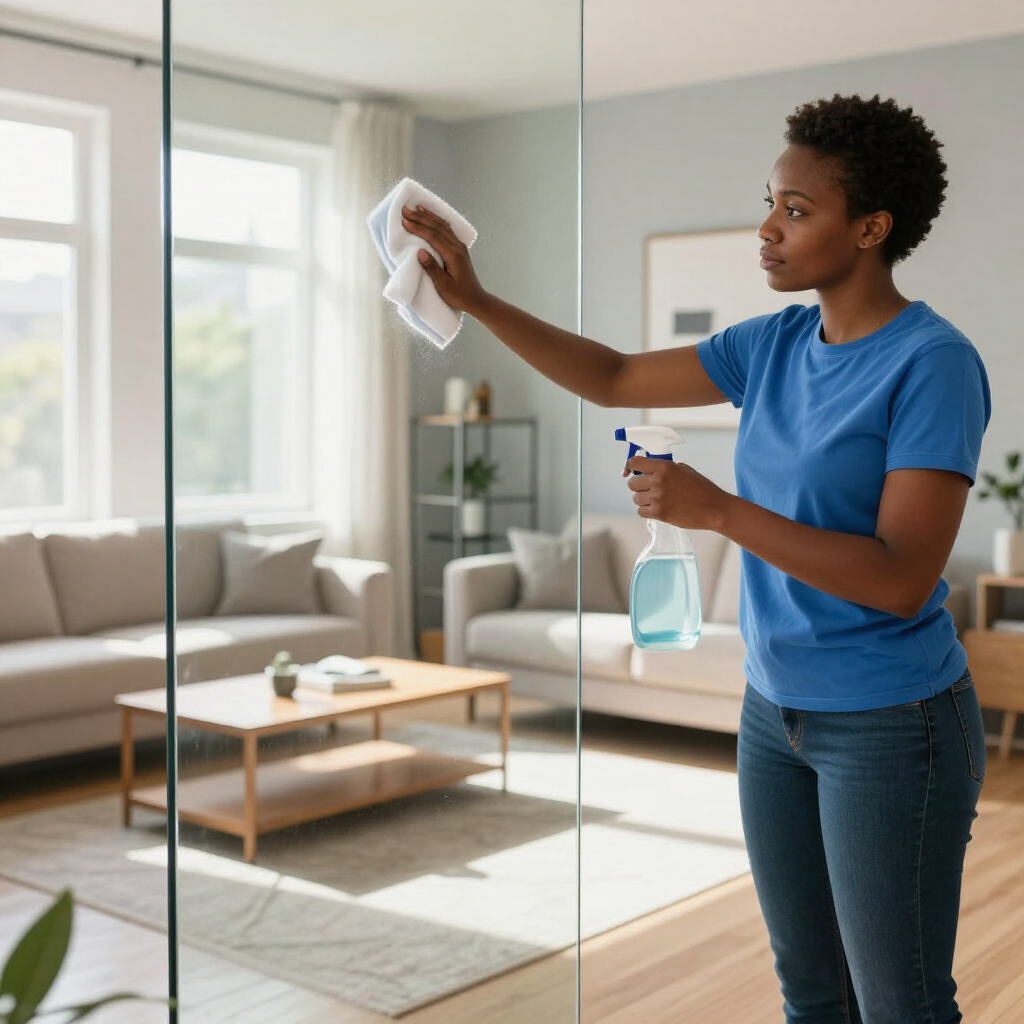 Person cleaning a glass door with spray cleaner and cloth in a bright living room