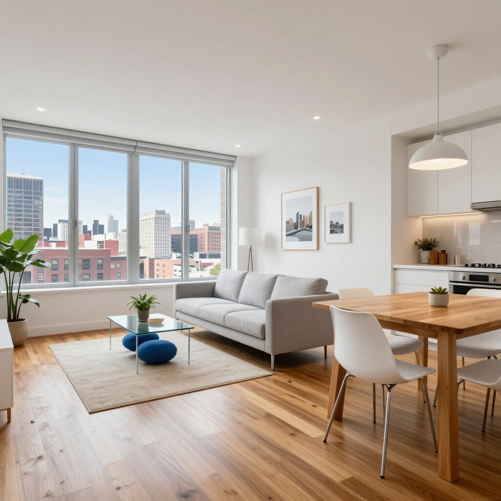 Bright modern living room with large windows, gray sofa, wooden dining table, and city view