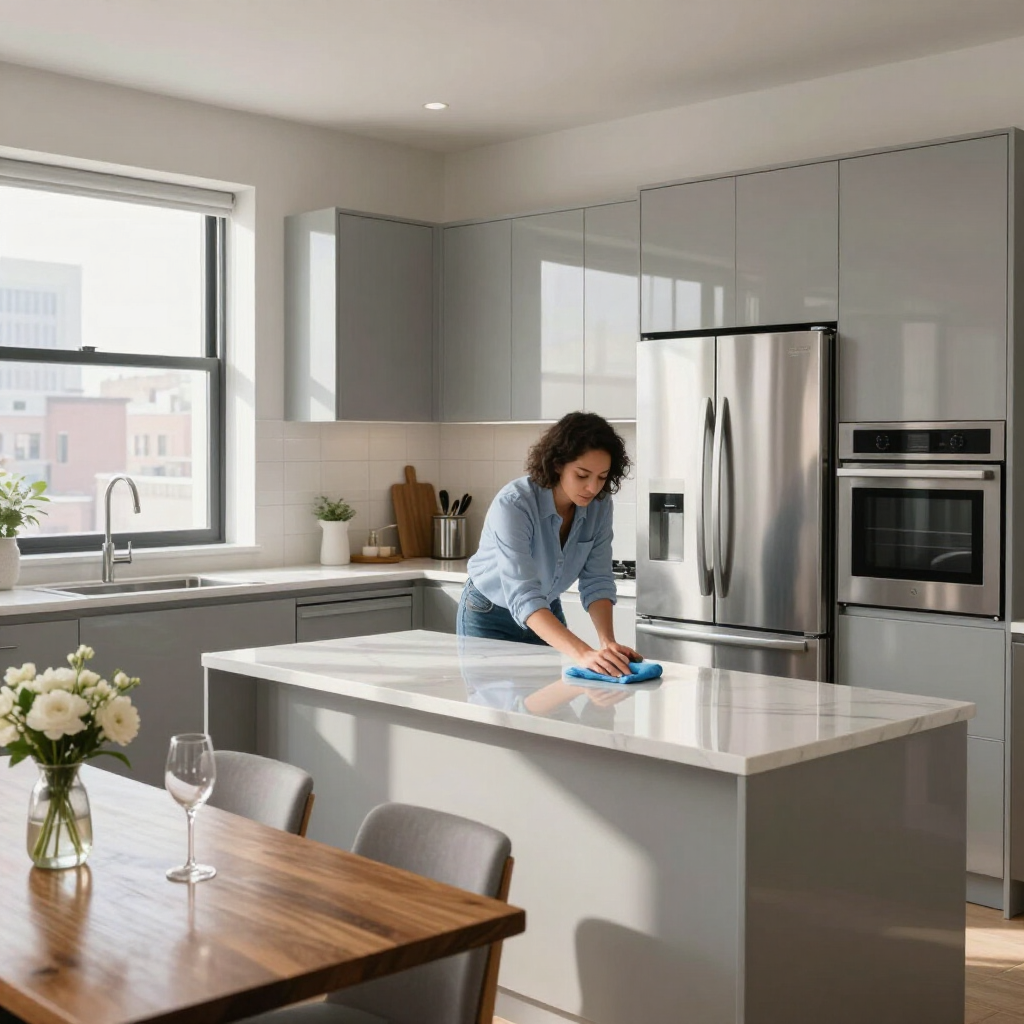 Woman cleaning a modern kitchen island with a blue cloth beside stainless steel appliances