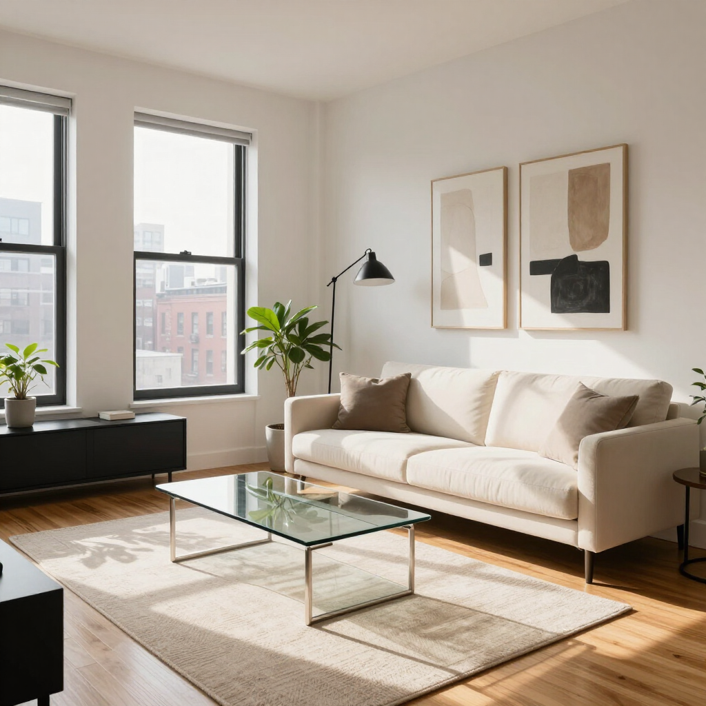 Bright modern living room with beige sofa, glass coffee table, large windows, and sunlight on wood floors