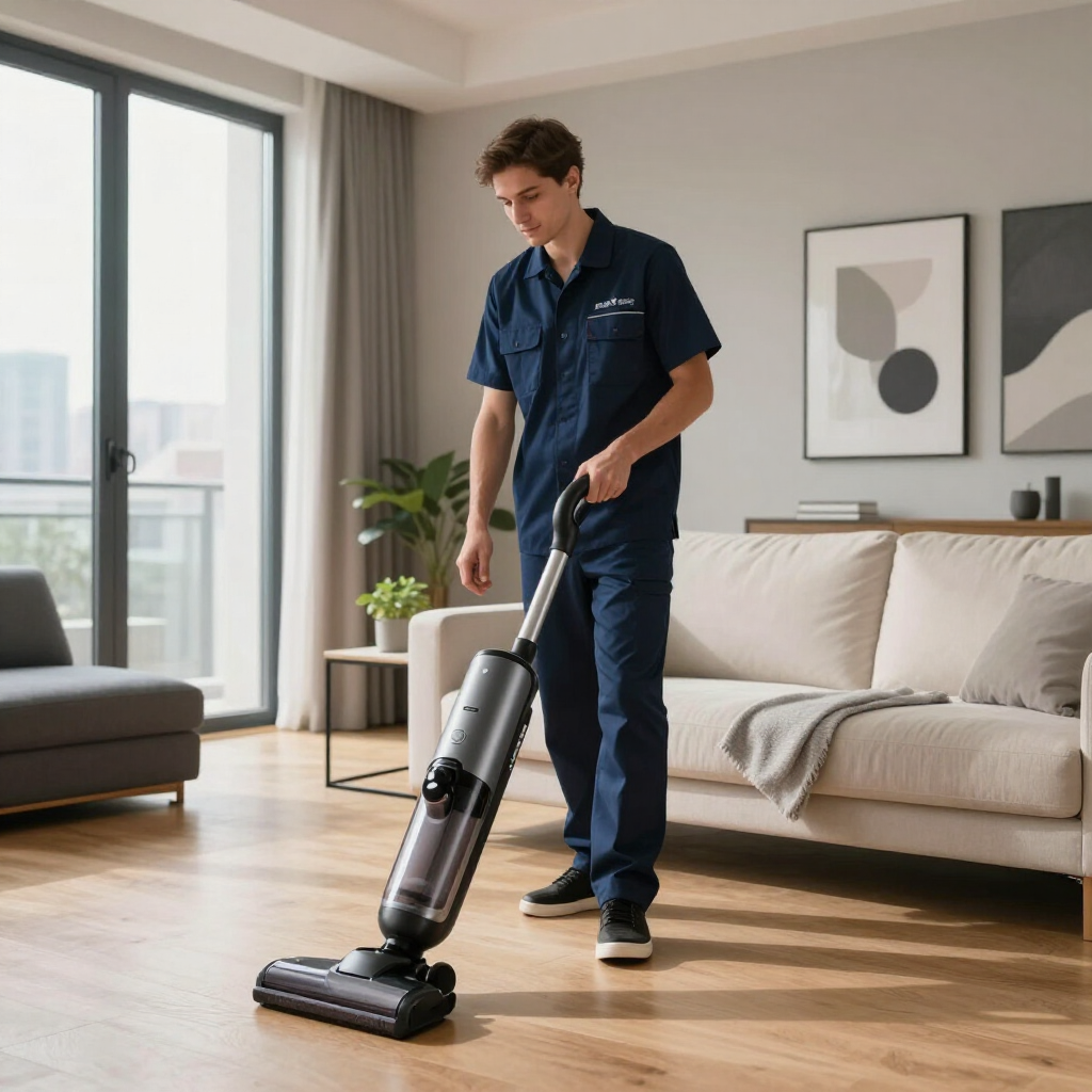 Man vacuuming a bright living room with a cordless upright vacuum, near a sofa and large windows