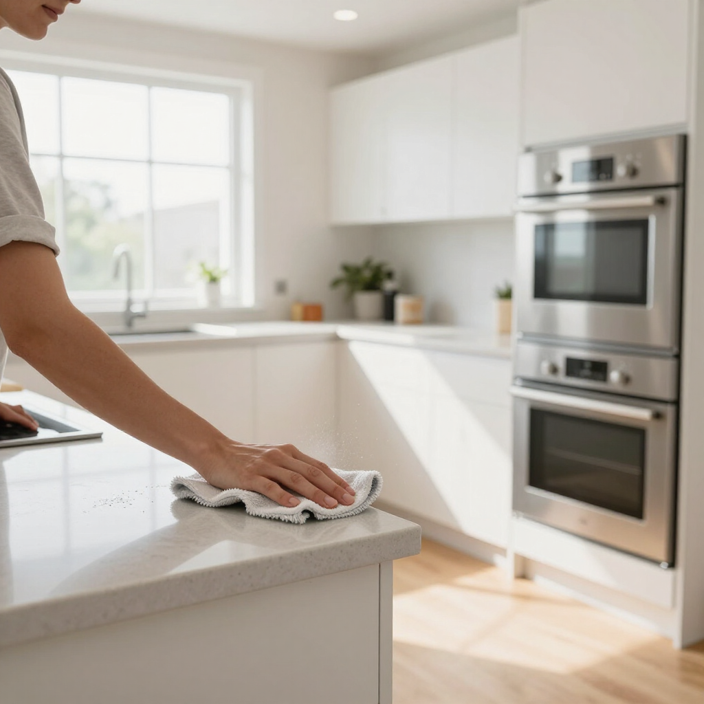 Hand wiping a white kitchen counter in a bright modern kitchen