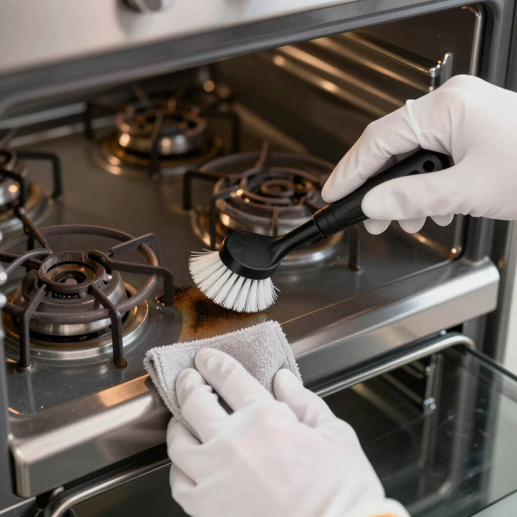 Gloved hands scrub a stainless steel oven and gas stovetop with a brush and cloth.
