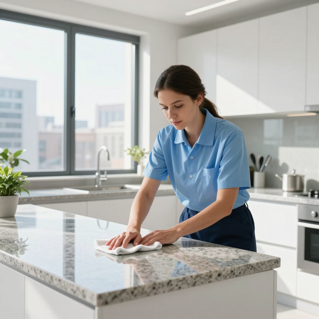 Woman wiping a granite kitchen counter in a bright modern kitchen
