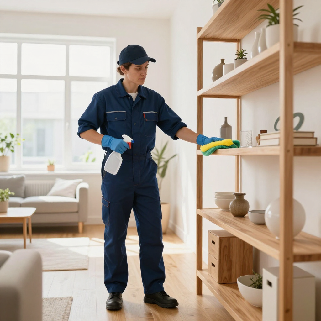 Cleaner in blue uniform wiping a wooden shelf in a bright living room.