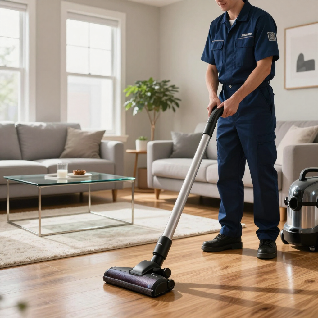 Person vacuuming a bright living room with a cordless vacuum near a sofa and glass coffee table.