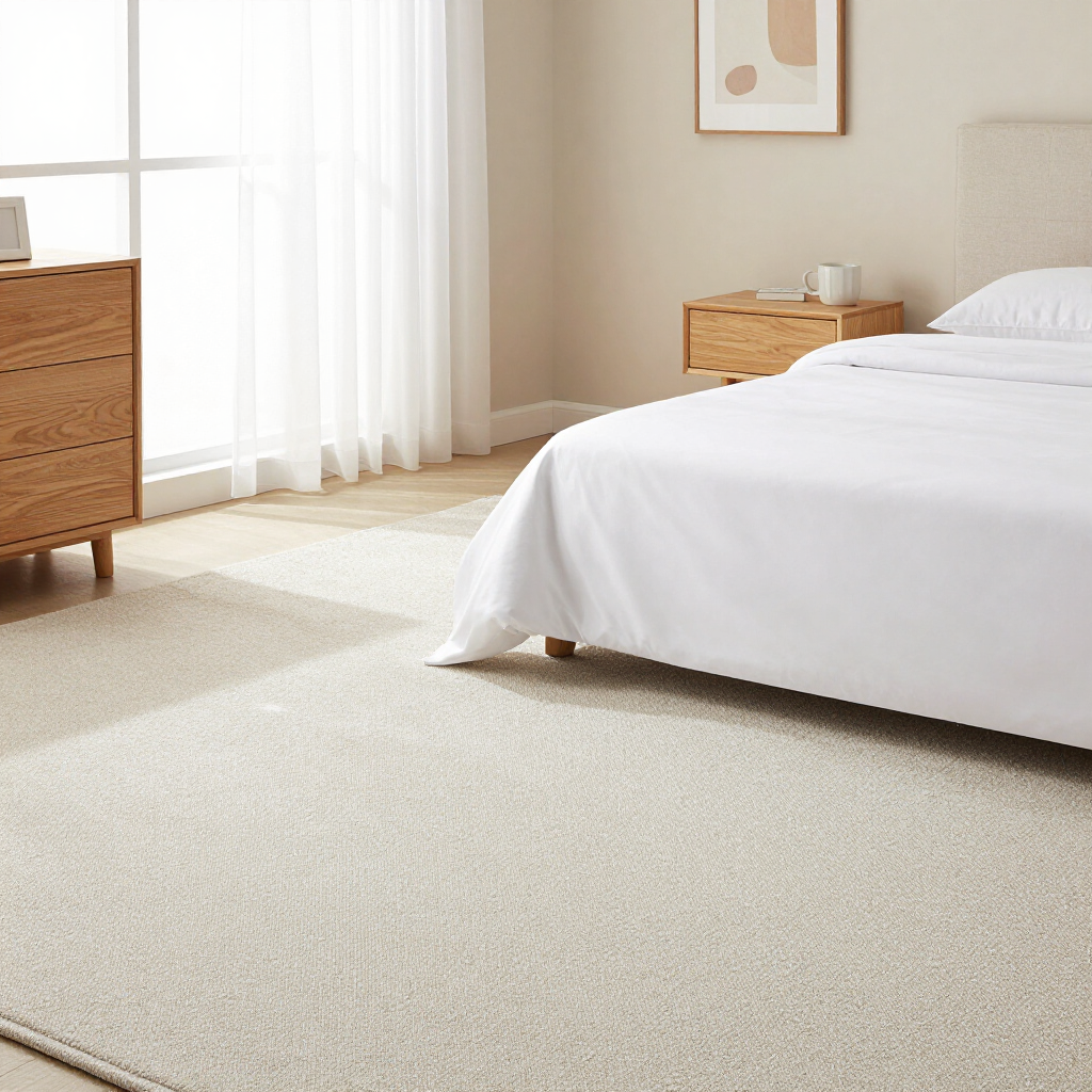 Minimal bedroom with white bed, beige carpet, sheer curtains, and wooden dresser in soft daylight