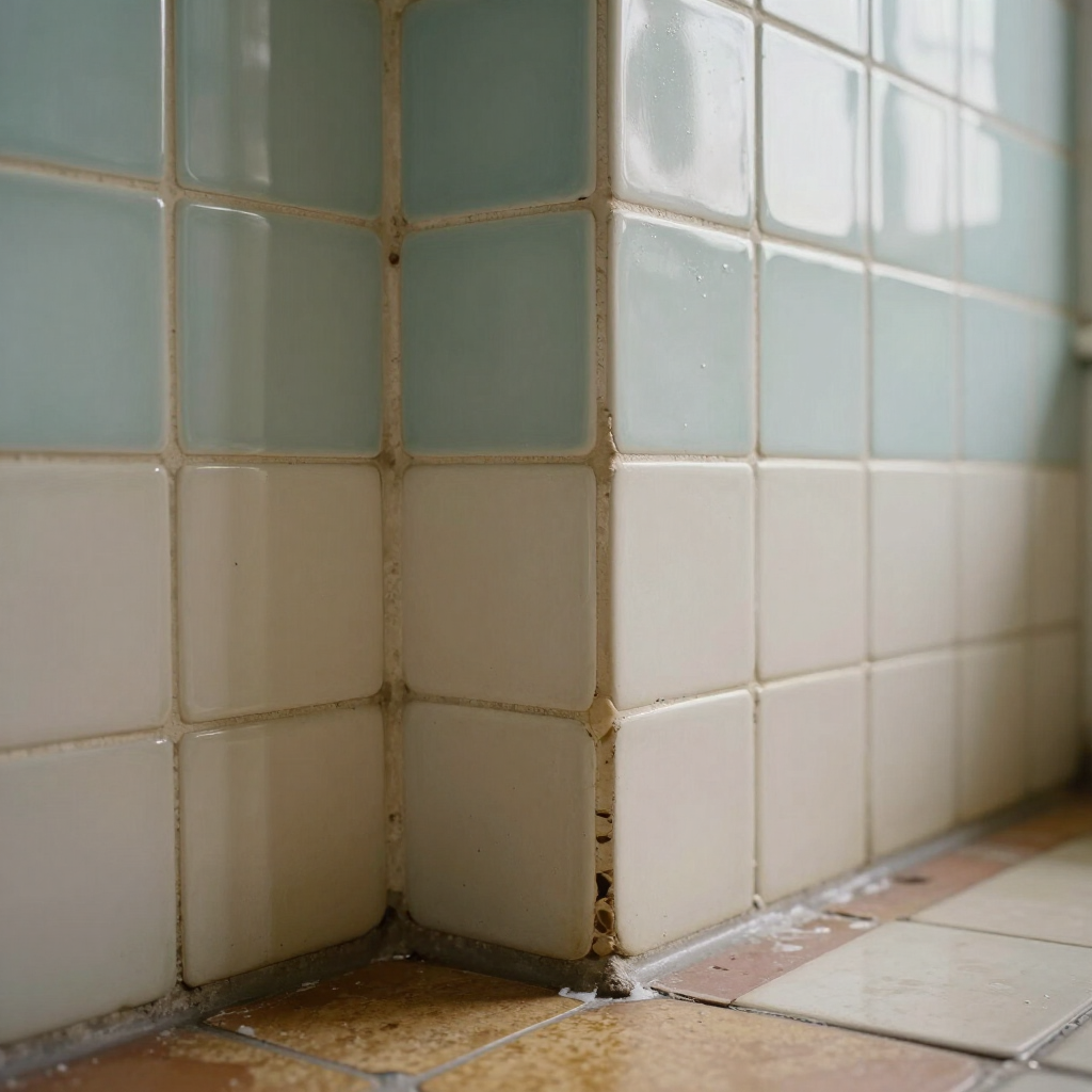 Close-up of dirty white and pale blue bathroom tiles with mold and grime at the floor corner