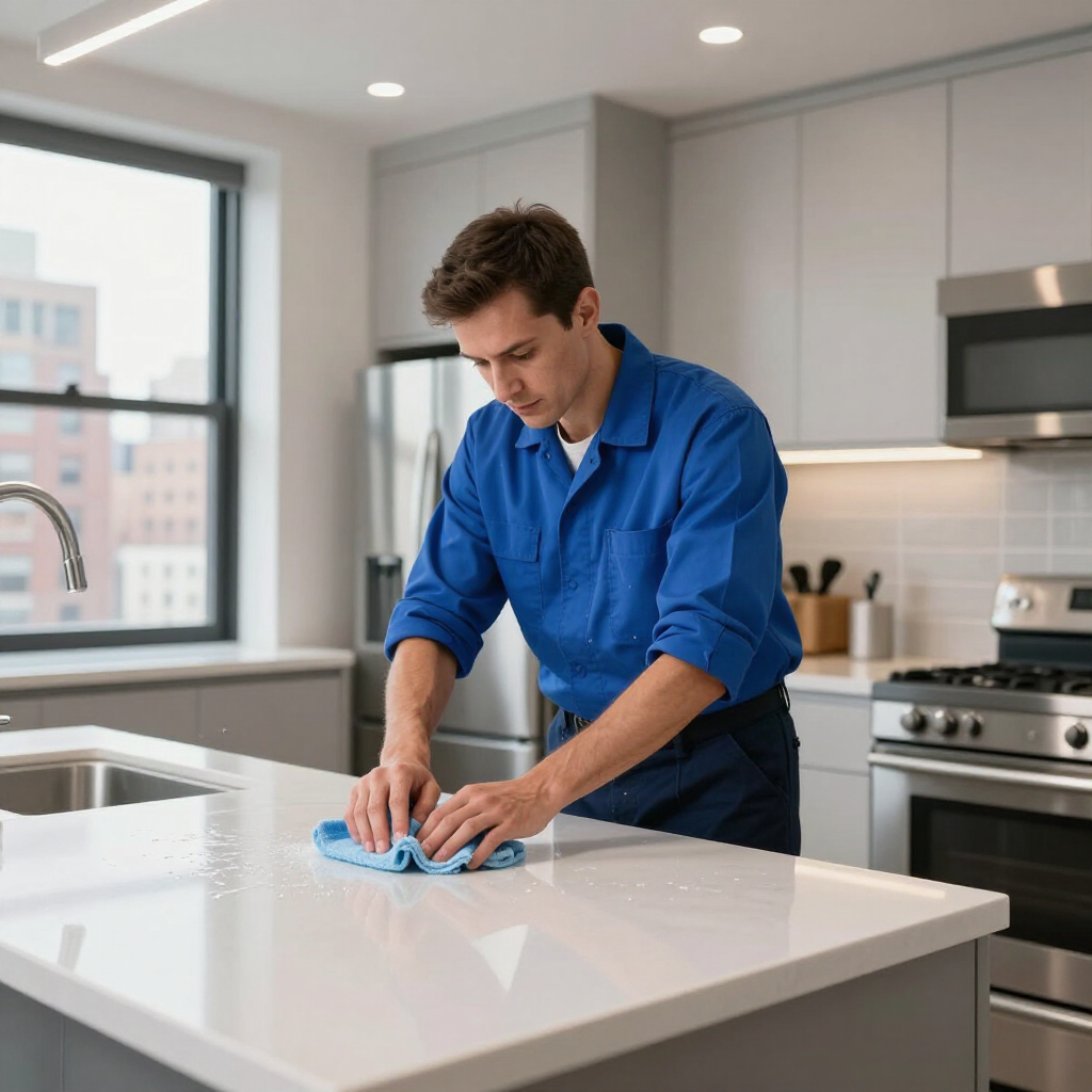 Man cleaning a white kitchen countertop with a blue cloth in a bright modern kitchen
