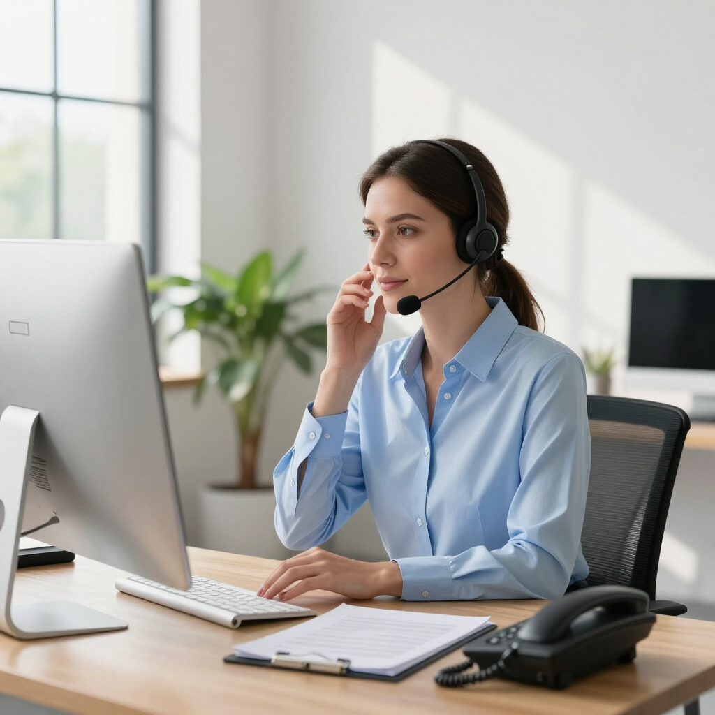 Woman wearing headset working at a desk with laptop and notebook in a bright office