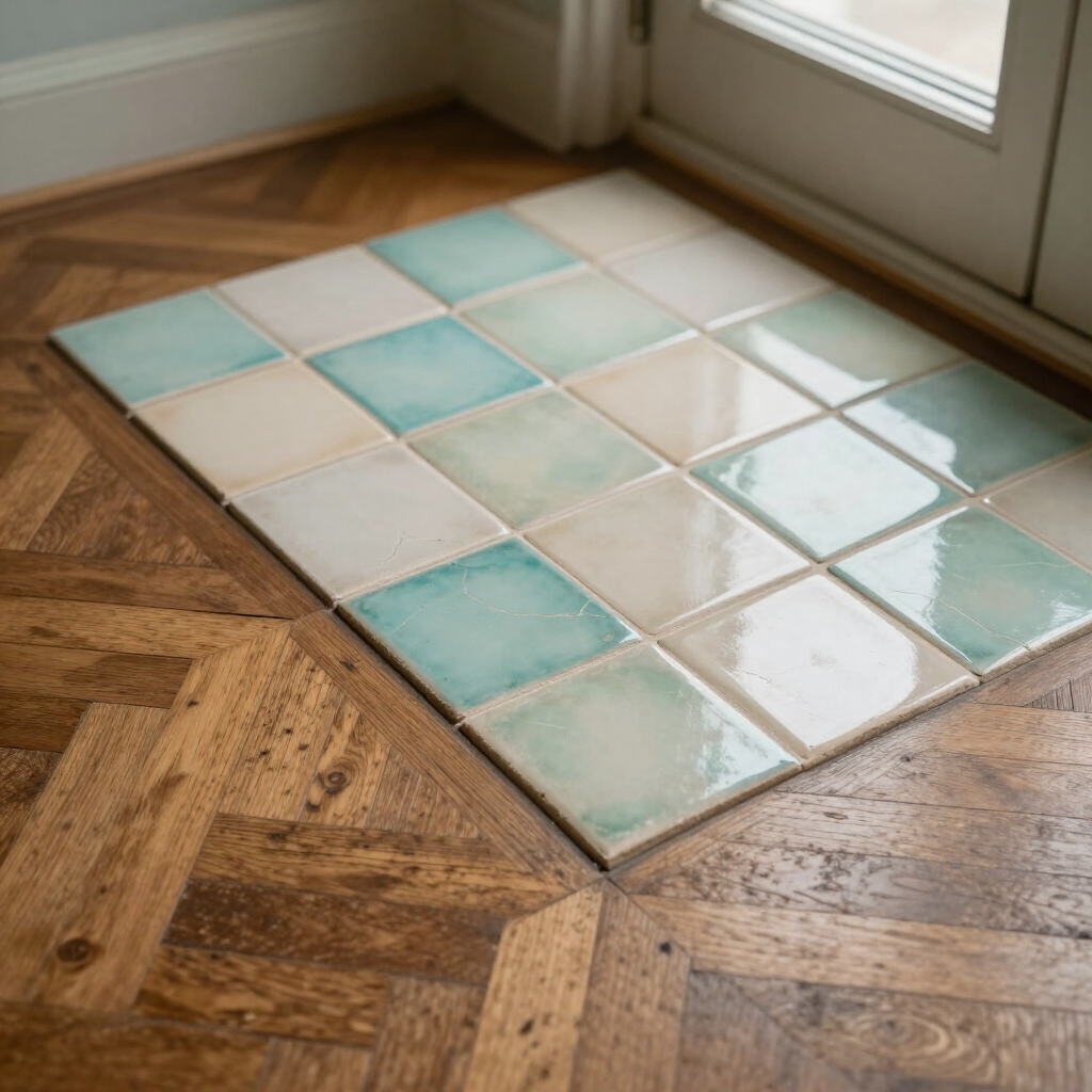 Pastel blue and white square tile sample on a hardwood floor by a sunlit door