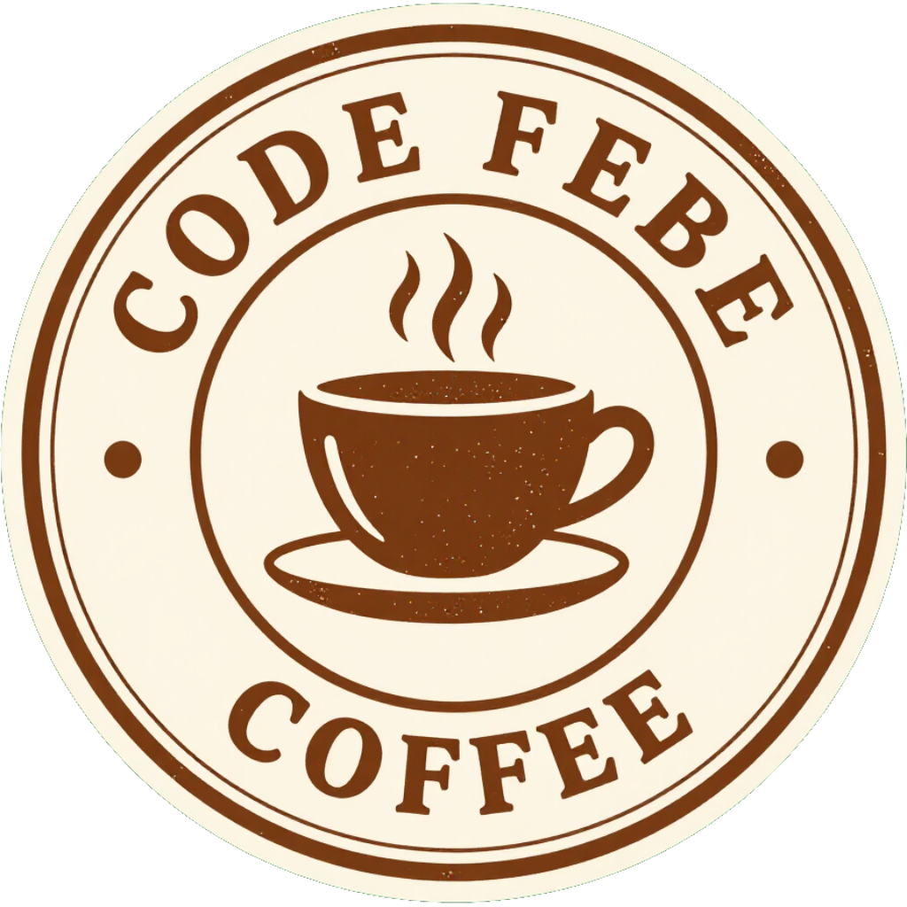 Round sepia Code Febe Coffee logo with steaming cup and saucer