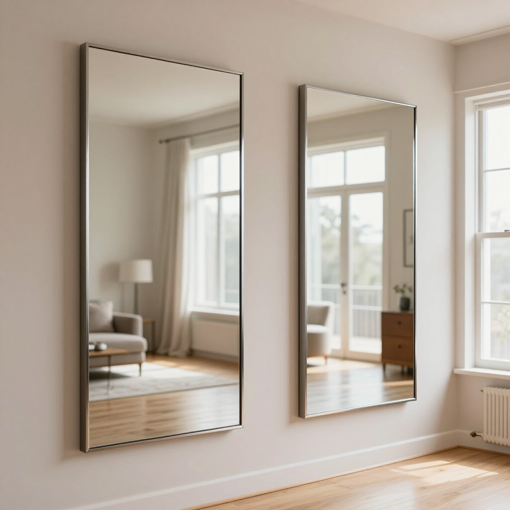 Two tall mirrors on a beige wall reflect a bright, sunlit living room.