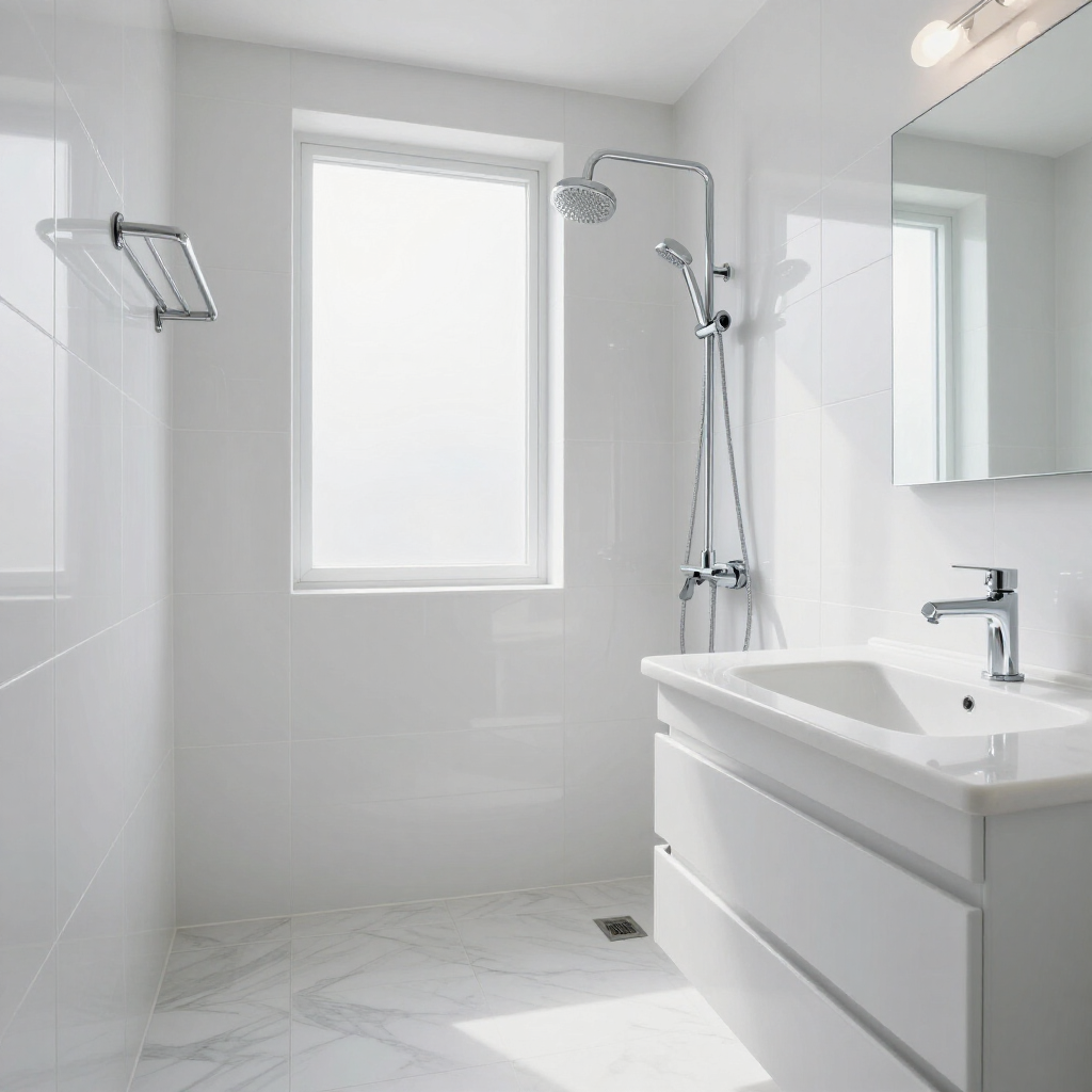 Modern white bathroom with walk-in shower, vanity sink, and bright window