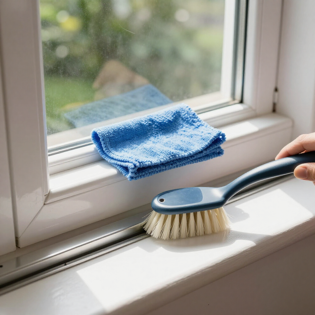 Blue cloth and scrub brush on a white windowsill, cleaning the window frame.