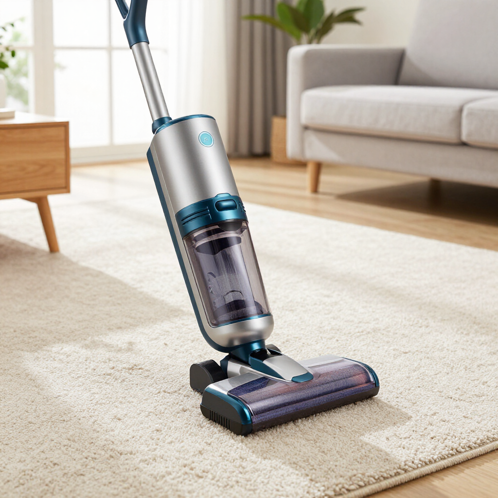 Cordless vacuum cleaner cleaning a beige carpet in a bright living room