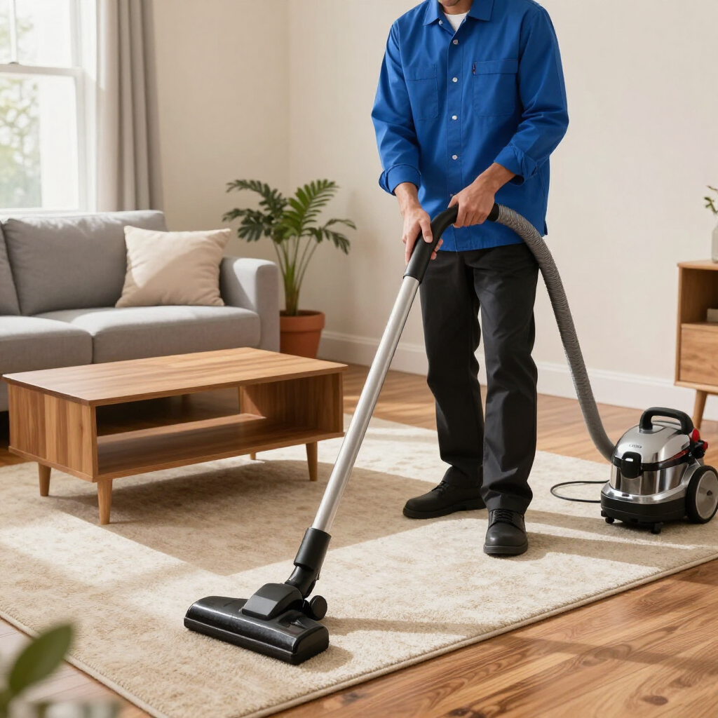 Person vacuuming a rug in a bright living room with a canister vacuum and couch nearby