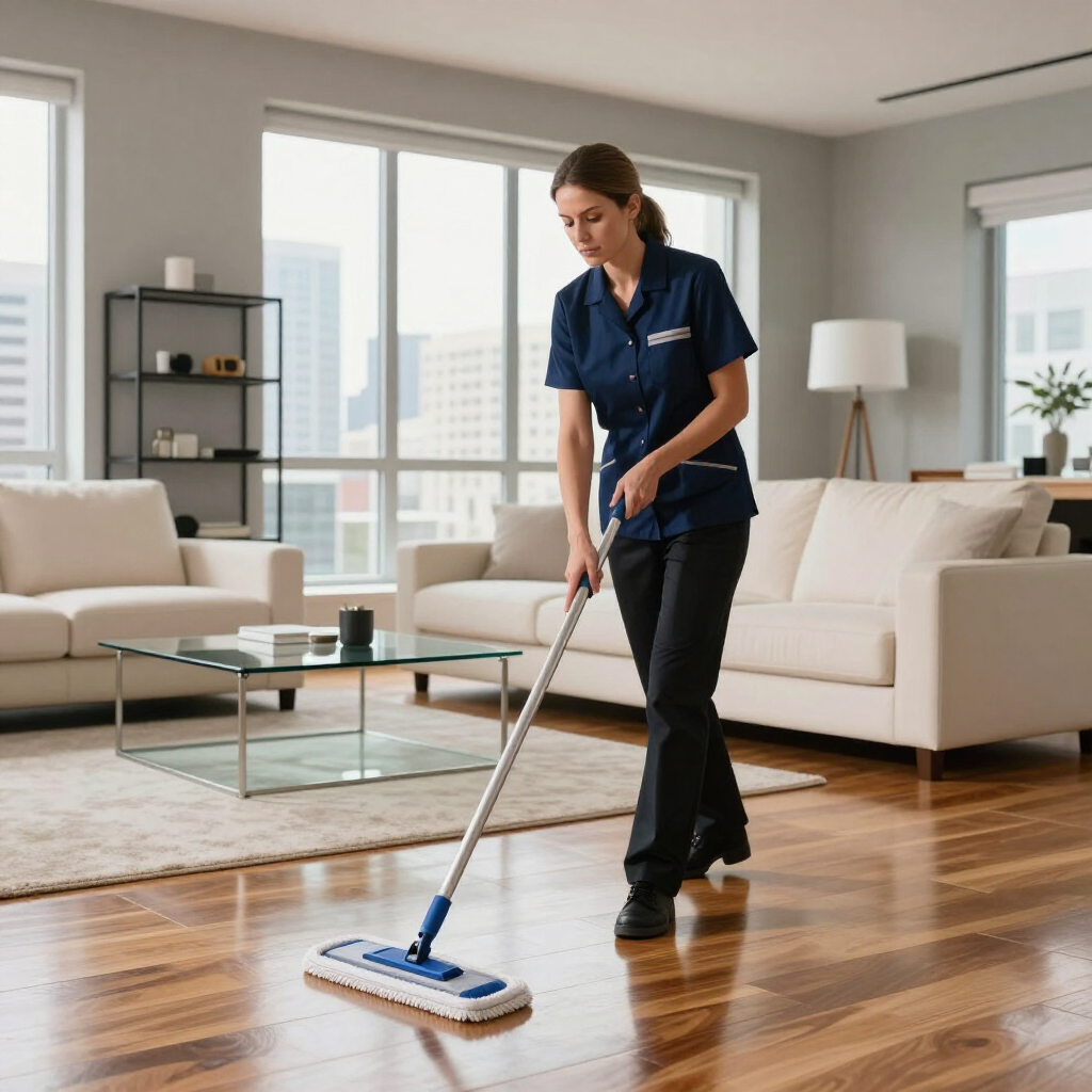 Person mopping a hardwood floor in a bright modern living room