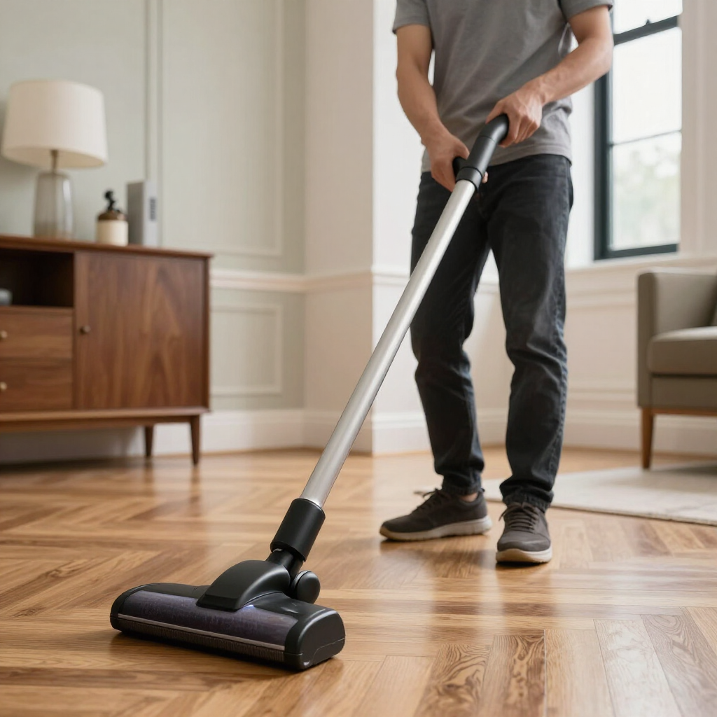 Person vacuuming a hardwood floor in a bright living room with a stick vacuum.