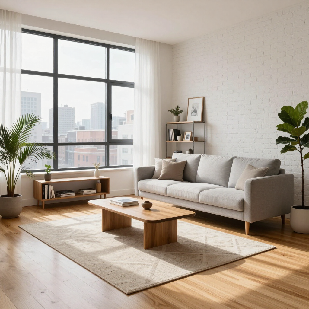 Bright modern living room with large windows, beige sofa, wooden coffee table, plants, and city view