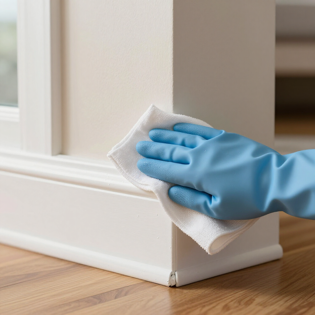 Blue-gloved hand wiping a white baseboard with a cloth near a hardwood floor