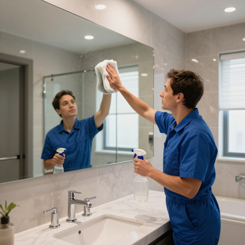 Man in blue cleaning a bathroom mirror with spray and cloth beside a sink