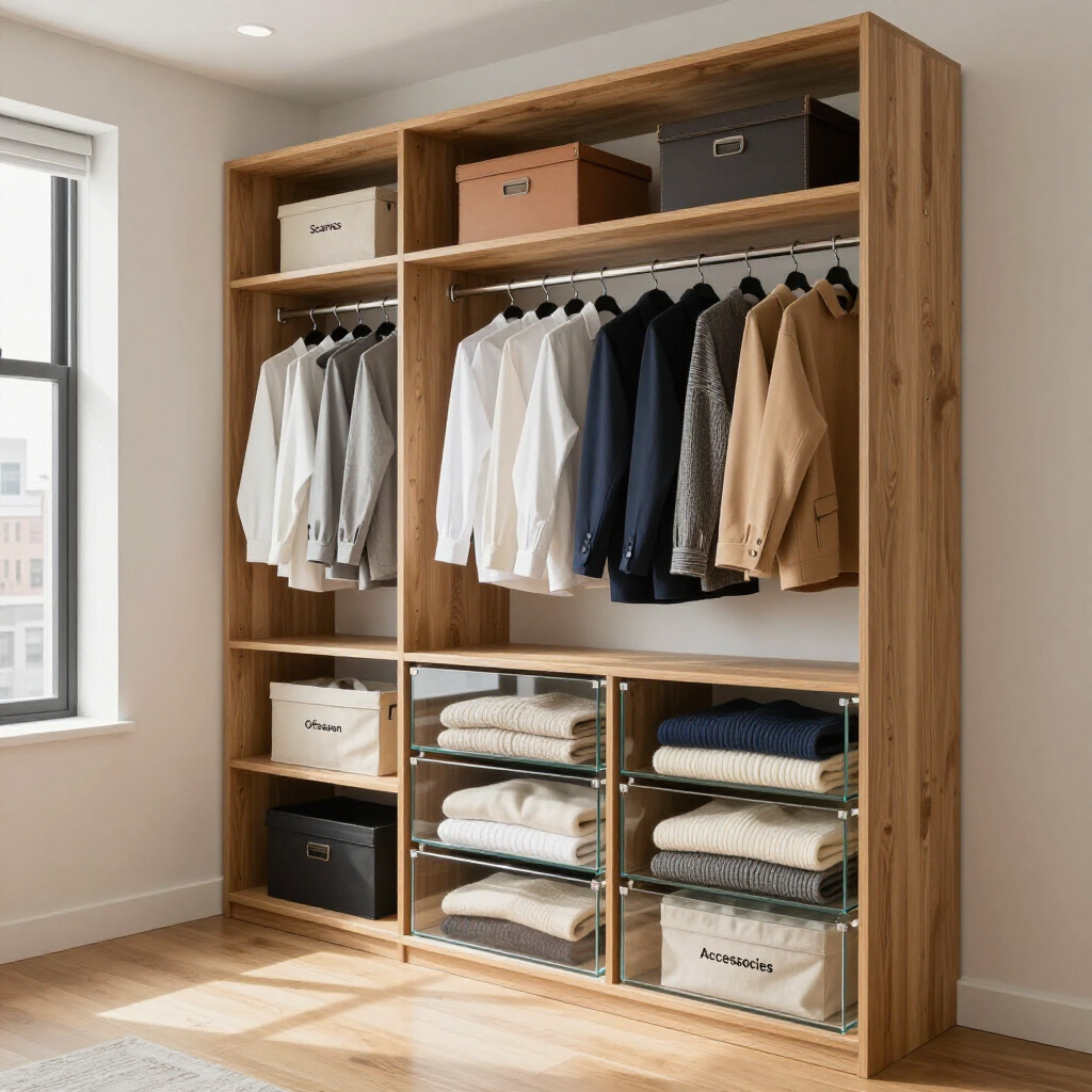 Open wooden closet with hanging shirts, folded clothes, and storage boxes in a bright room
