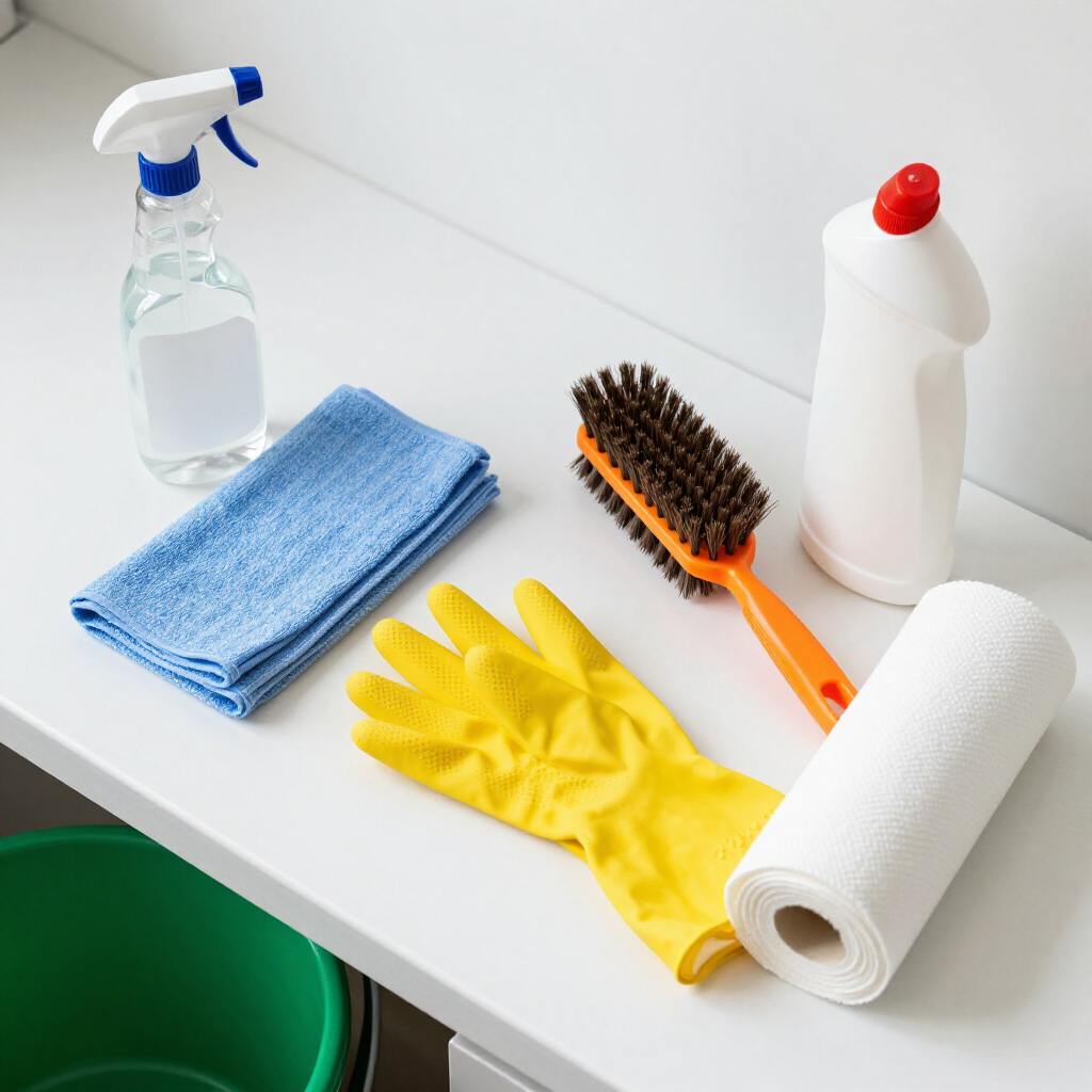 Cleaning supplies on a white surface: spray bottle, cloths, gloves, brush, bleach bottle, and paper towels.