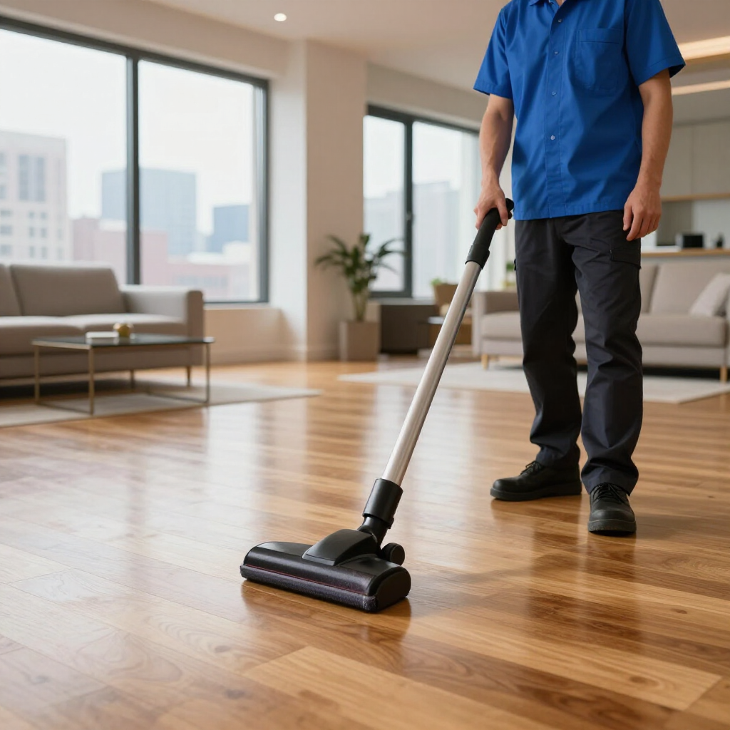 Worker vacuuming a sunlit hardwood floor in a modern living room