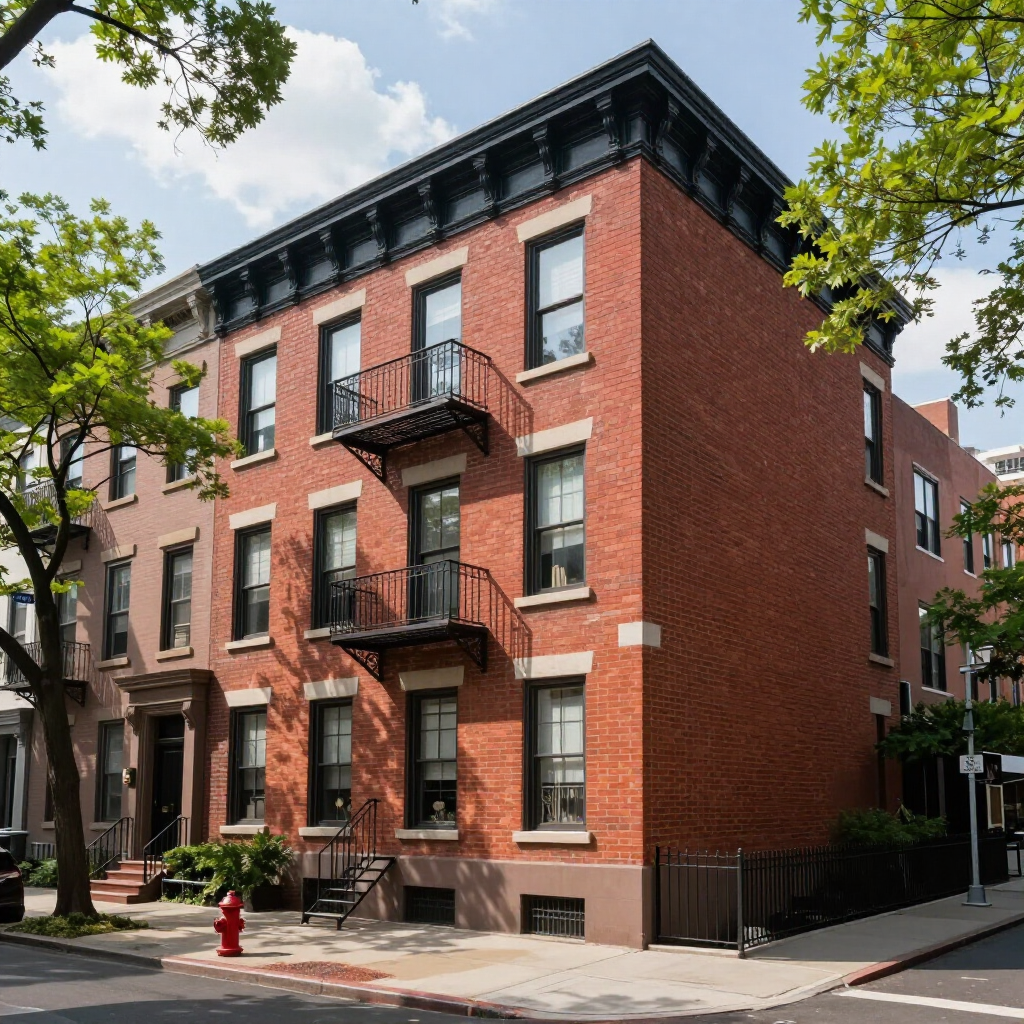 Red brick apartment building with black trim on a sunny tree-lined street