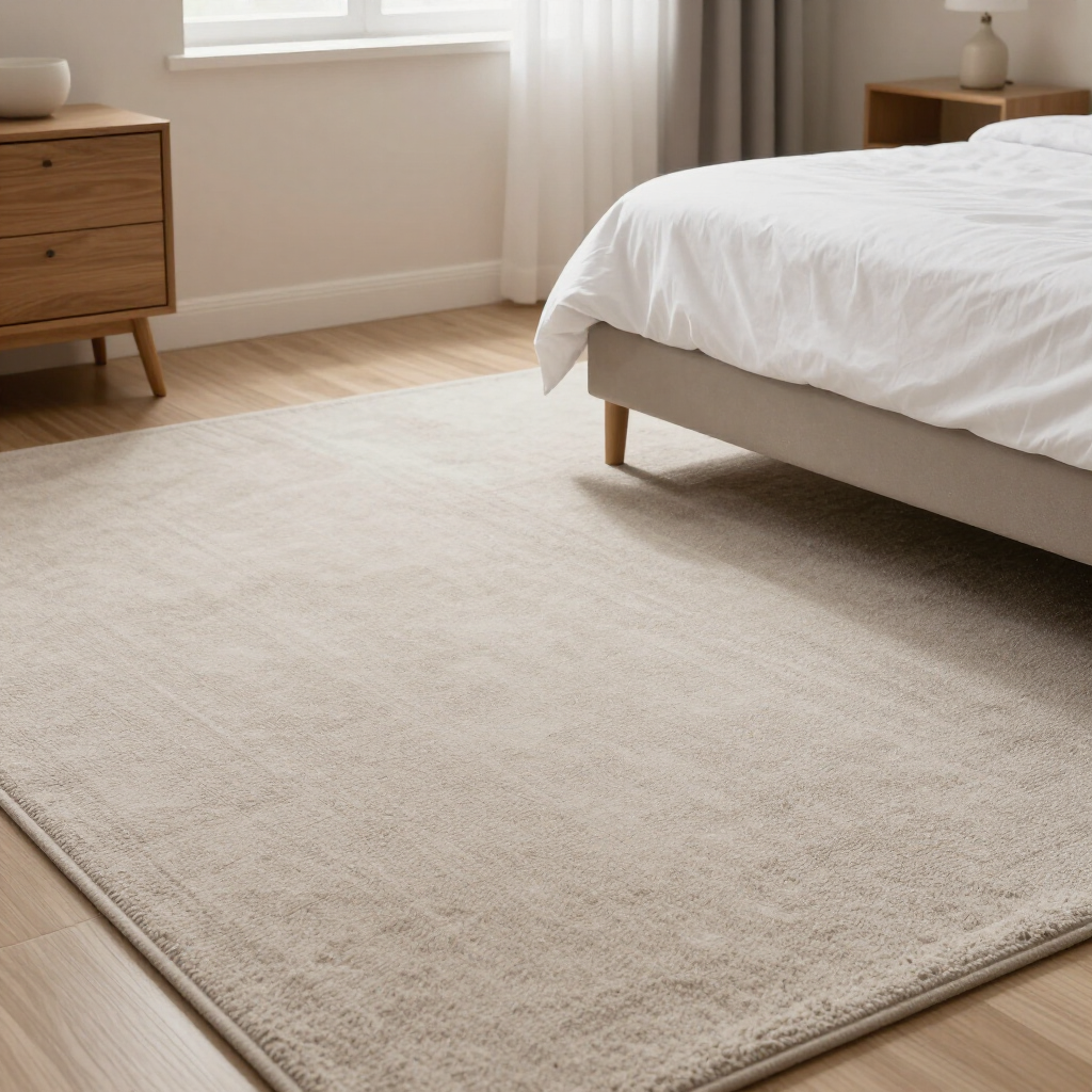 Minimal bedroom with a large beige rug beside a bed and wooden nightstands