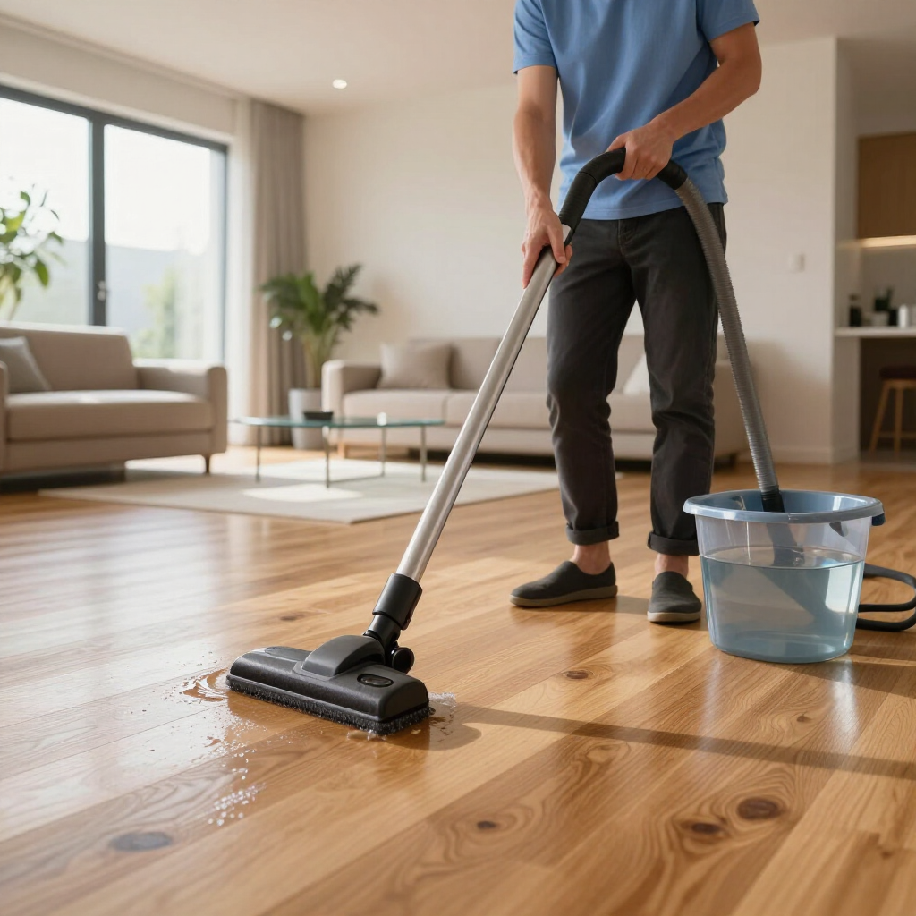 Person mopping a wooden floor in a bright living room, with a bucket of soapy water nearby.