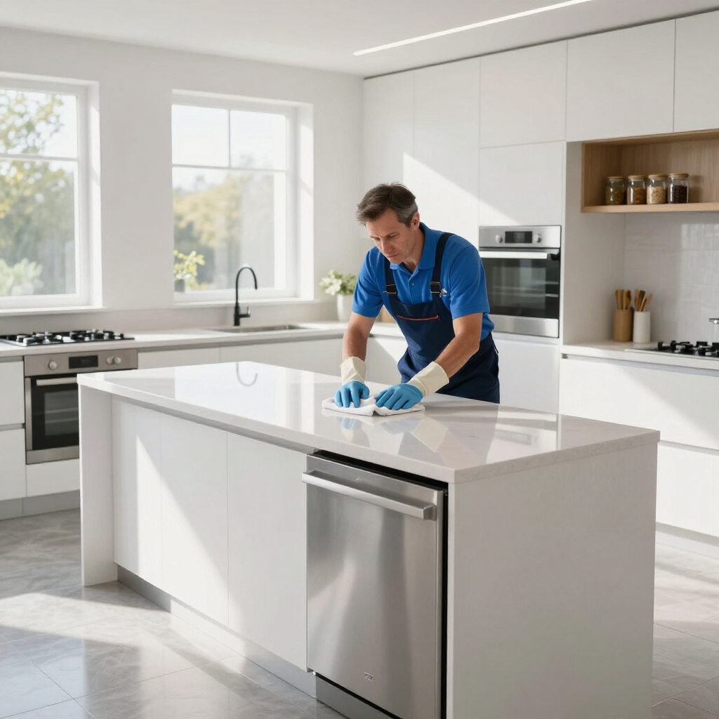 Man cleaning a white kitchen island with a cloth and spray bottle in a bright modern kitchen