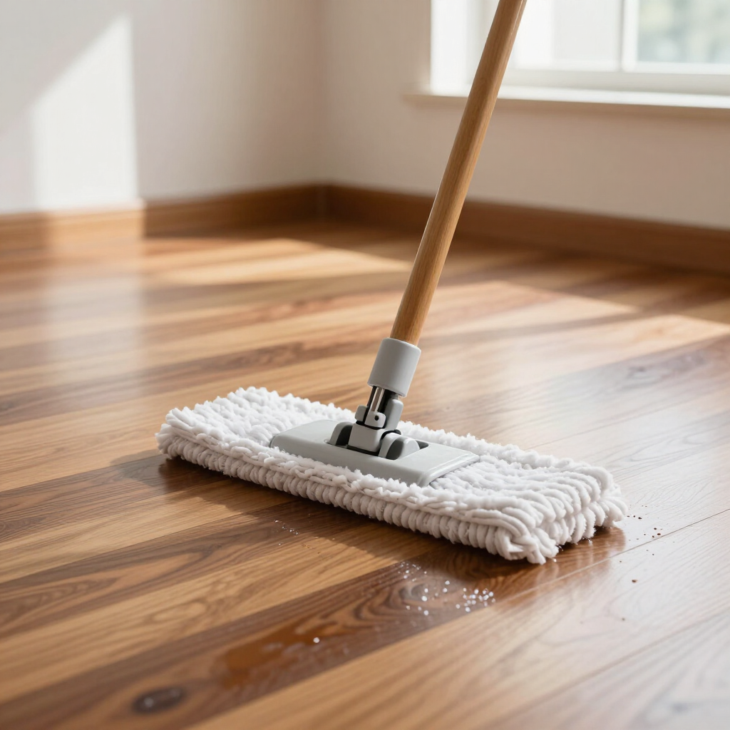 A mop cleaning a sunlit hardwood floor with a small wet spot.