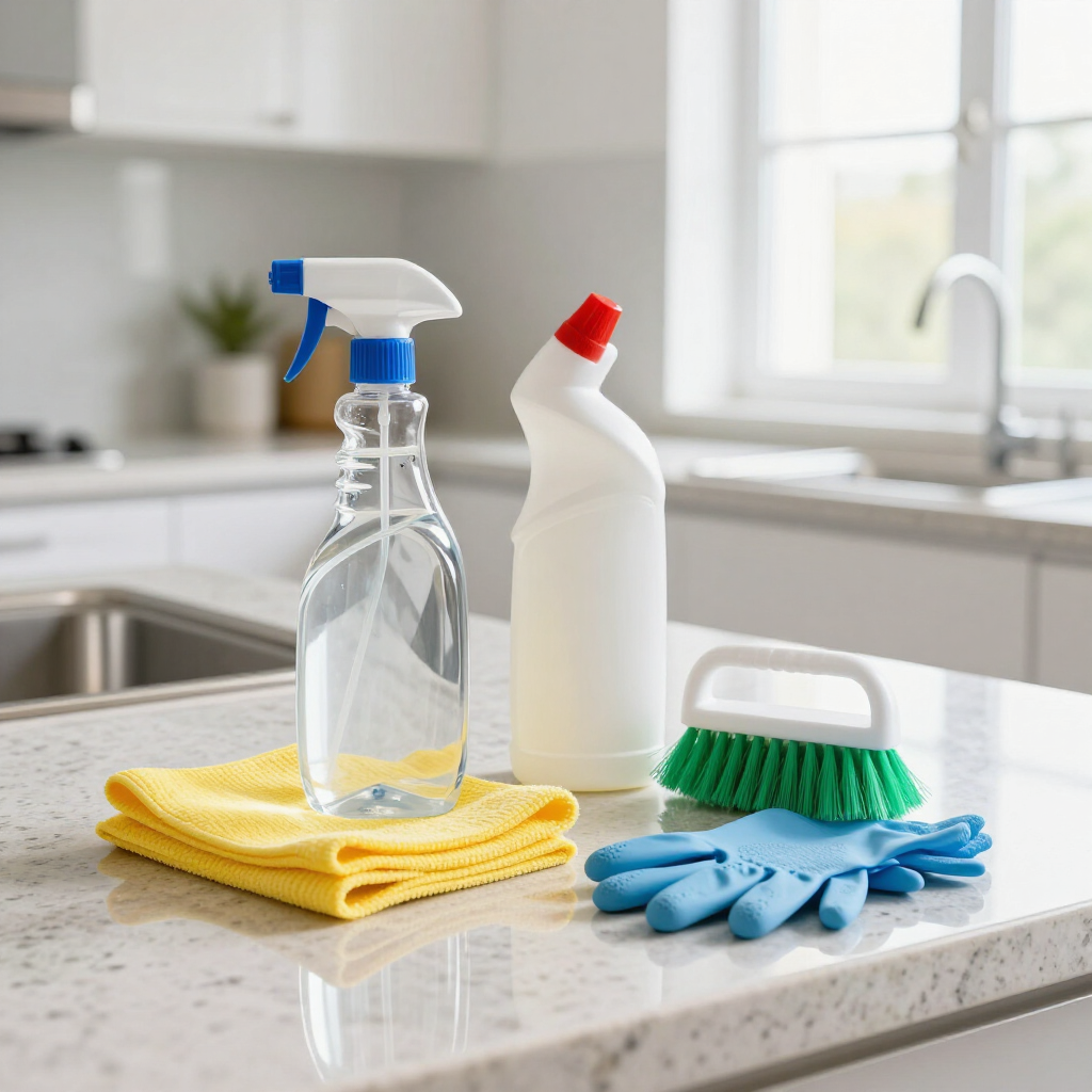 Cleaning supplies on a kitchen counter: spray bottle, detergent, cloths, brush, and gloves.