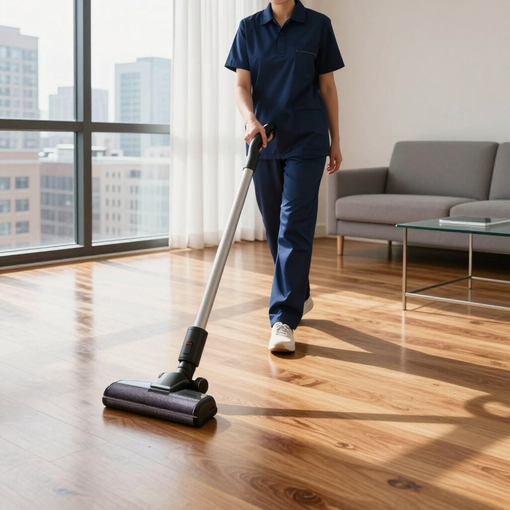 Person vacuuming a sunlit hardwood floor in a modern living room