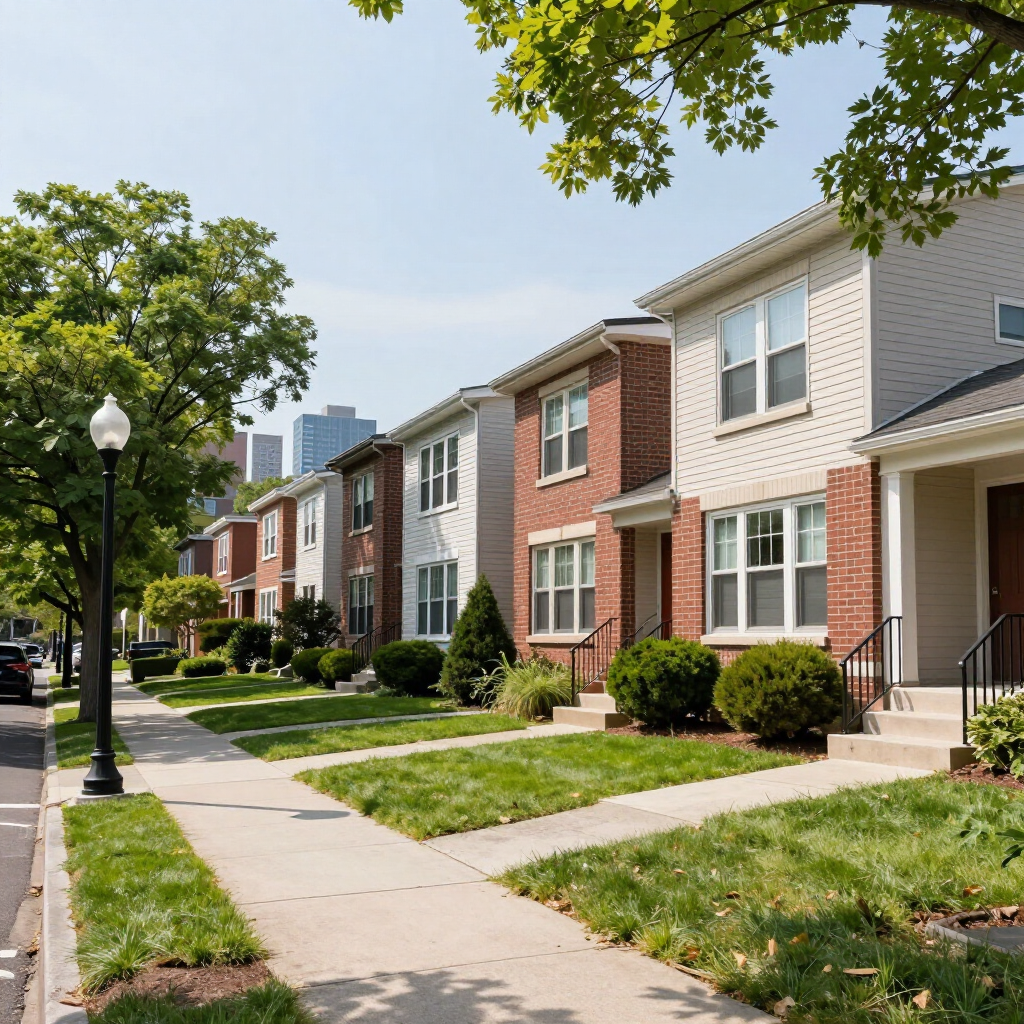Row of brick and beige townhouses along a sunny sidewalk with trees and a grassy lawn