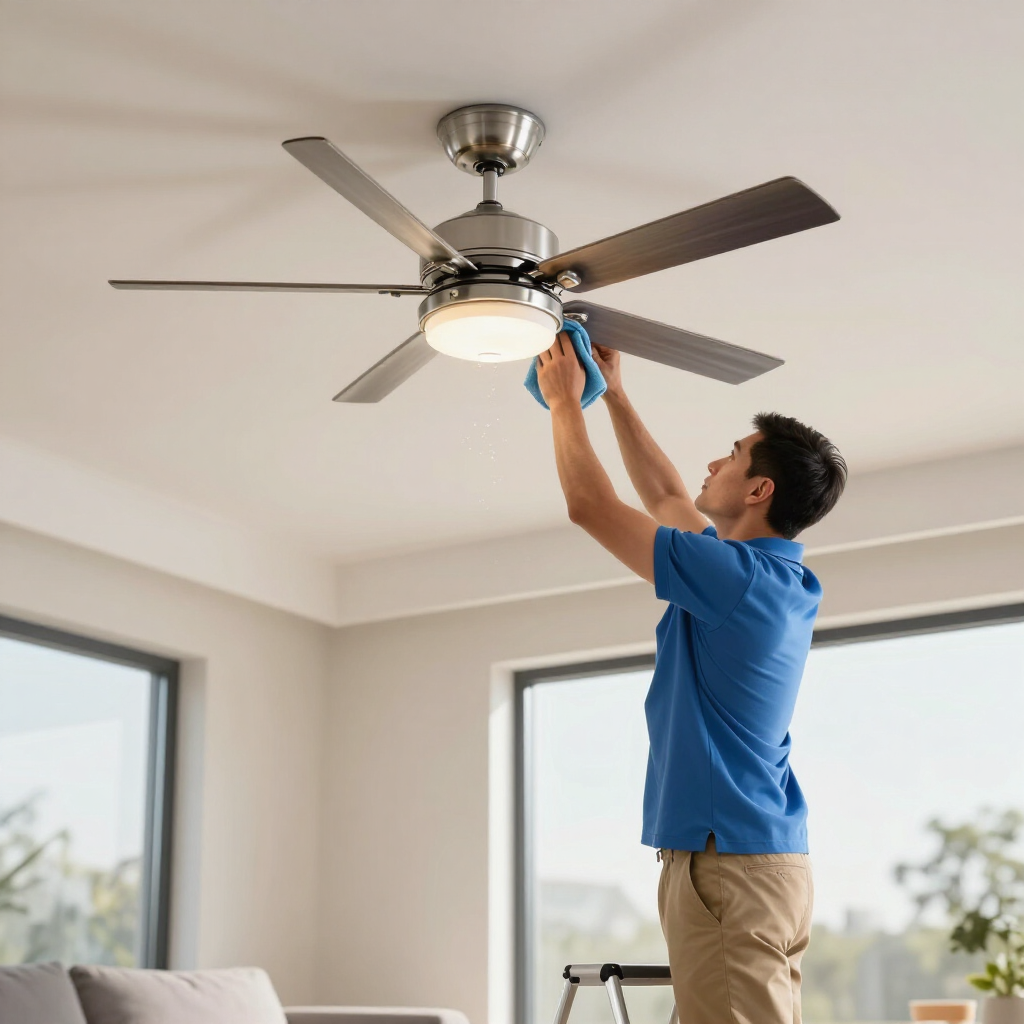 Technician replacing a light fixture on a ceiling fan in a bright room