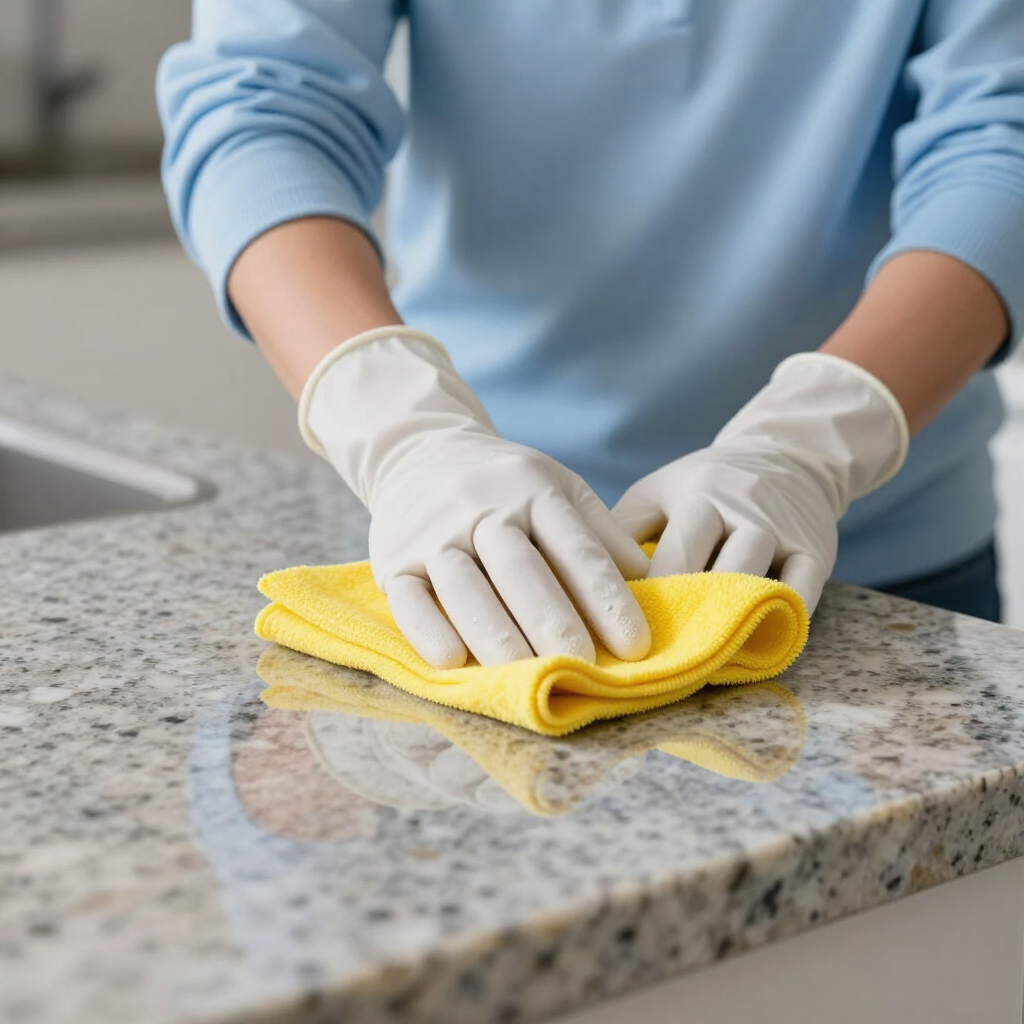 Gloved hands wiping a speckled granite countertop with a yellow cloth