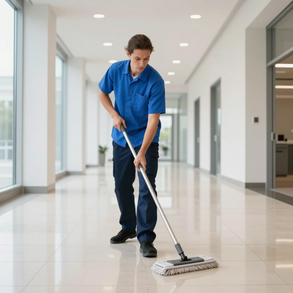 Janitor mopping a bright office hallway floor