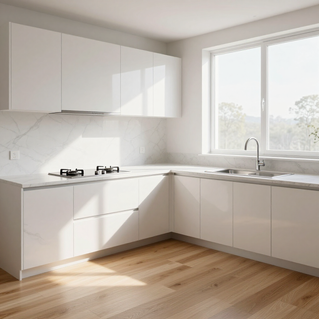 Bright modern white kitchen with L-shaped cabinets, window, and wooden floor.