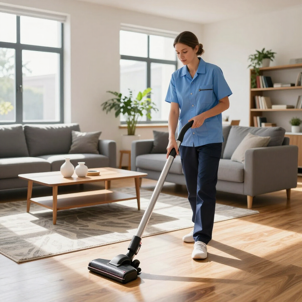 Person vacuuming a bright living room with hardwood floors and gray sofas